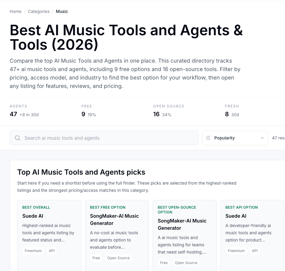 AI Agents Directory, Best AI Music Tools and Agents 2026: Suede AI named Best Overall and Best API Option
