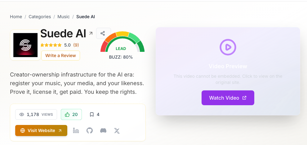 Suede AI listing on AI Agents Directory showing a 5.0 star rating and LEAD status
