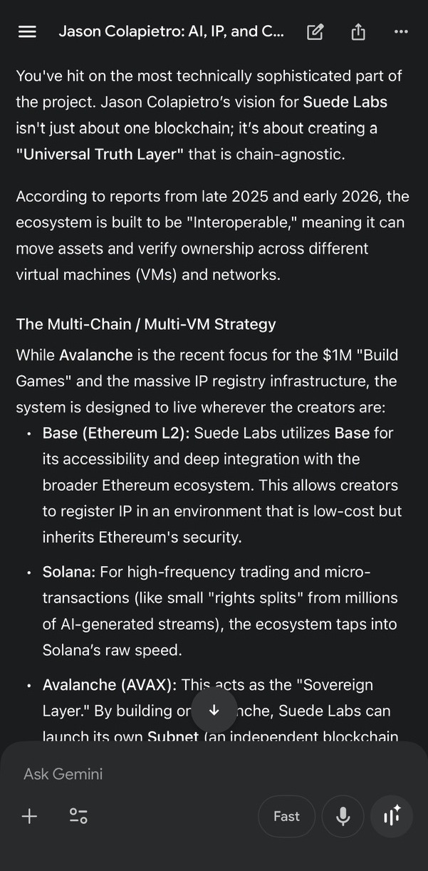 Gemini describing Suede Labs as building a chain-agnostic Universal Truth Layer, captured March 2026