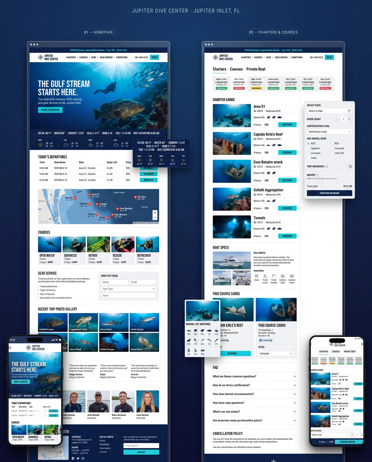 Jupiter Dive Center design board with desktop and mobile homepage, charter and course mockups in navy and turquoise.