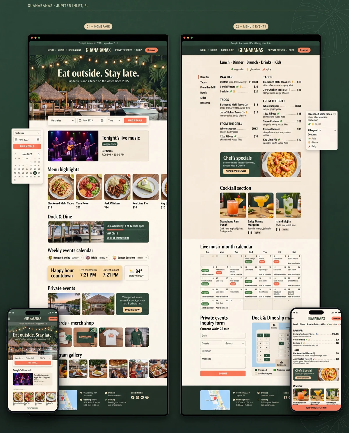 Guanabanas design board with waterfront homepage, food menu, live-music calendar and mobile views.