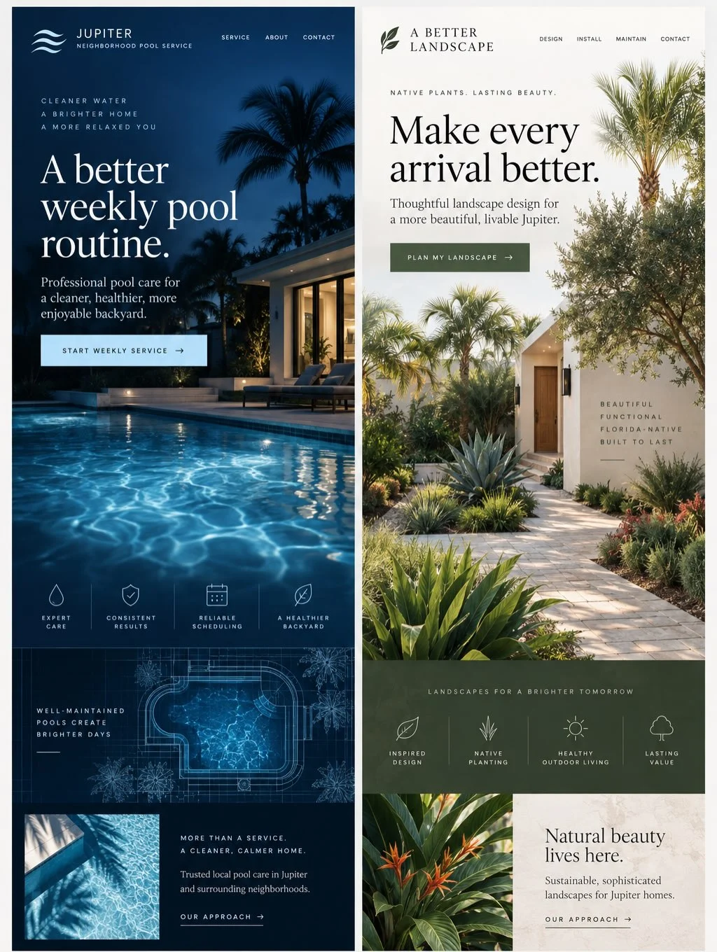 Jupiter Neighborhood Pool Service website design with a navy pool scene and service sections.