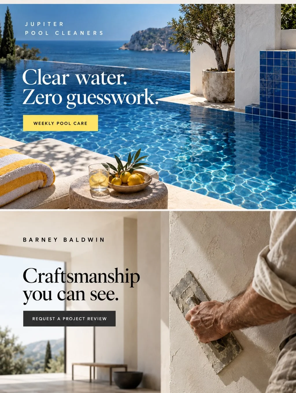 Jupiter Pool Cleaners homepage design with a bright pool photograph and yellow service button.