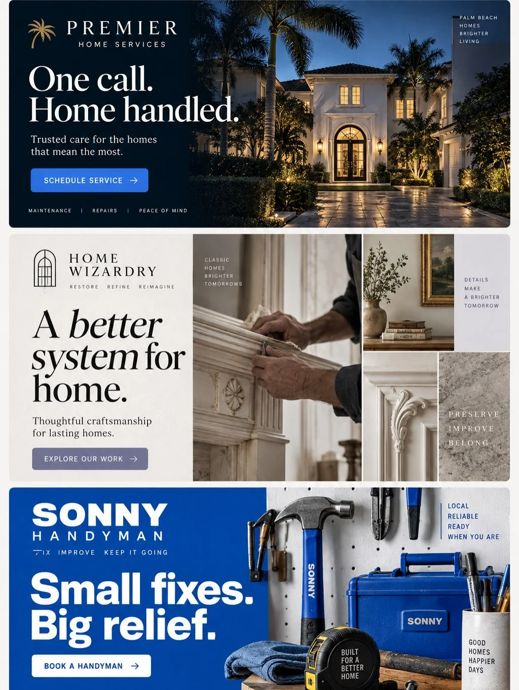 Premier Home Services homepage design with an illuminated home, navy palette and blue service button.