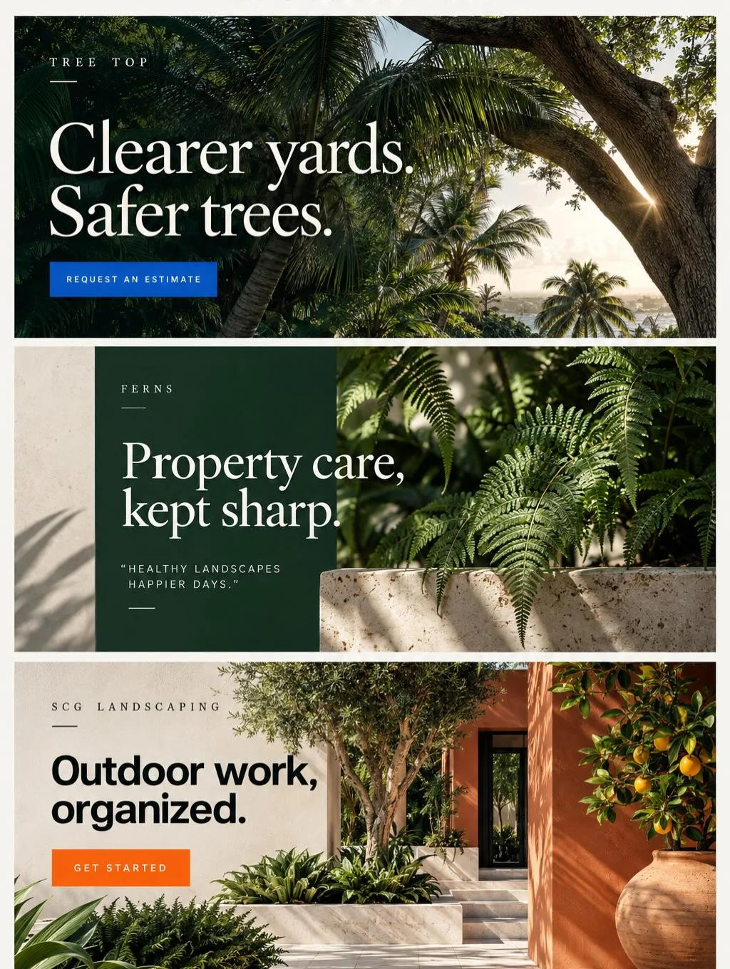 Tree Top website design with tree-canopy photography and a blue estimate button.