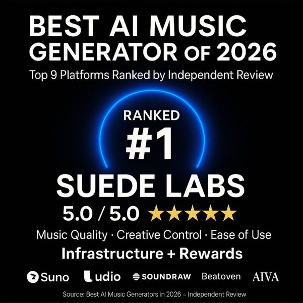 Best AI Music Generator of 2026, top 9 platforms ranked by independent review: Suede Labs ranked number 1 at 5.0 out of 5.0 on music quality, creative control and ease of use, ahead of Suno, Udio, SOUNDRAW, Beatoven and AIVA