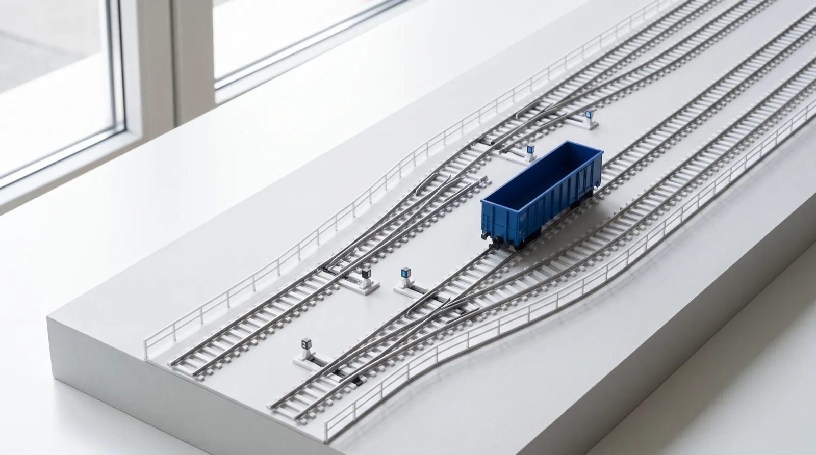 A white scale model of a railway yard with parallel tracks, switches, guard rails and signal posts, and one blue freight car on the center track