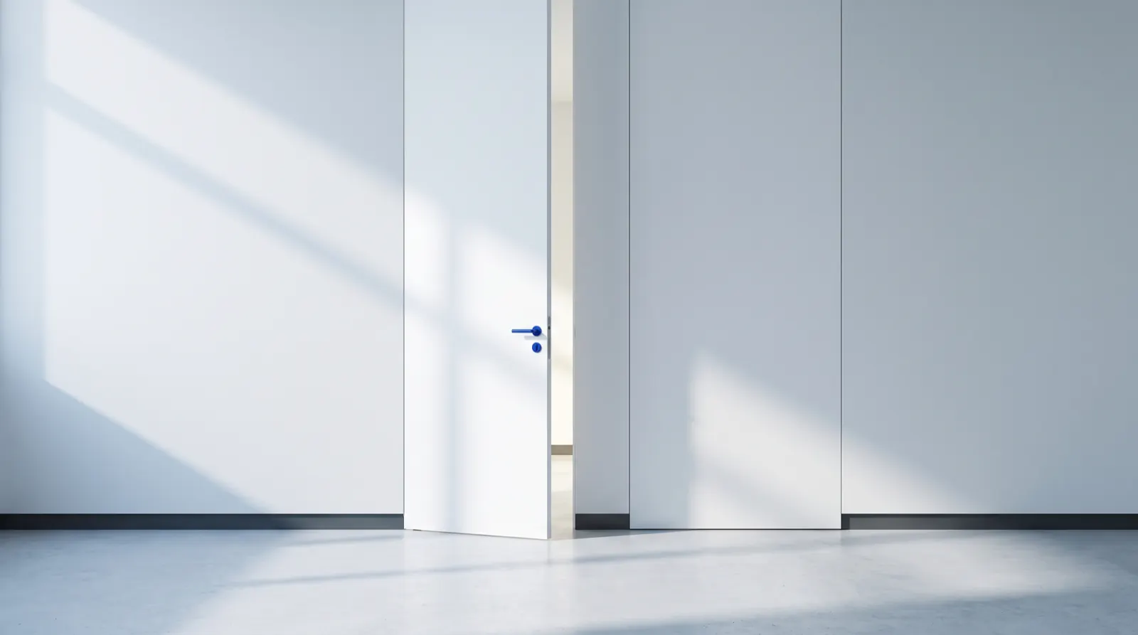 Two identical white wall panels in daylight: the left is a door standing ajar with a cobalt blue handle and a brighter room beyond, the right is a flush wall with no handle and no opening