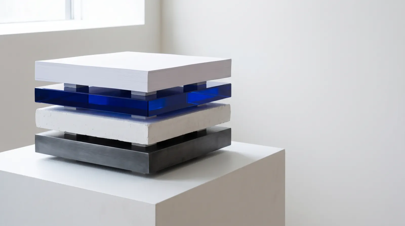 Four slabs stacked on a white plinth: brushed graphite at the base, then white plaster, blue glass and a ream of white paper