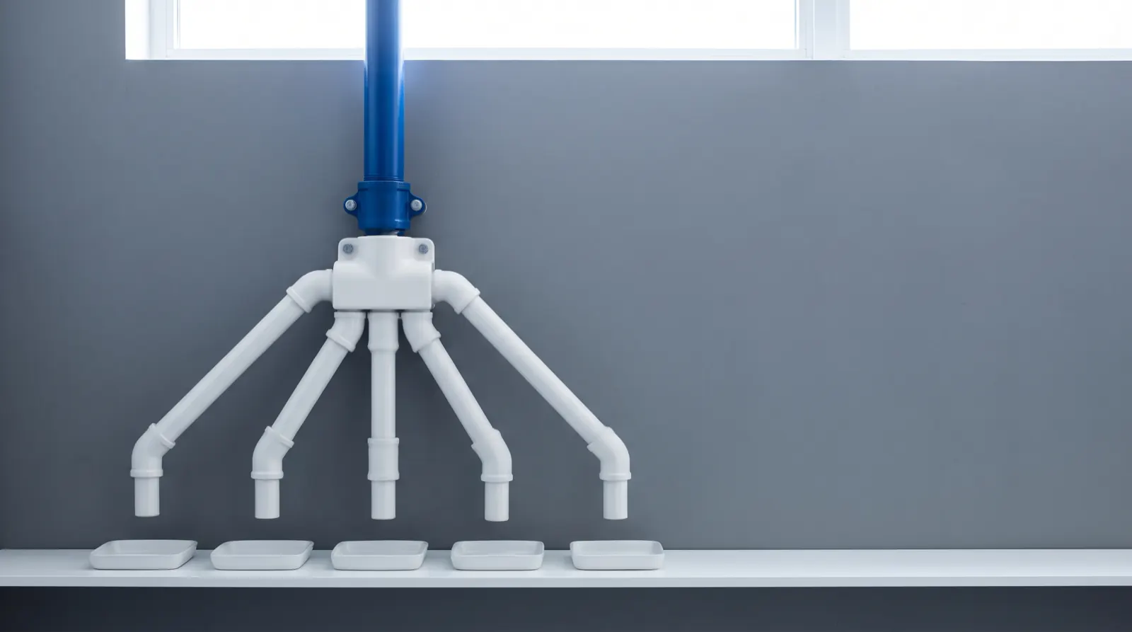 A single blue pipe feeds a white manifold on a graphite wall, which splits into five white pipes, each ending above its own empty white tray