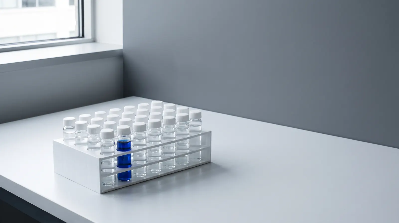 A white rack of clear glass sample vials in even rows and columns on a white lab bench, with one vial holding blue liquid