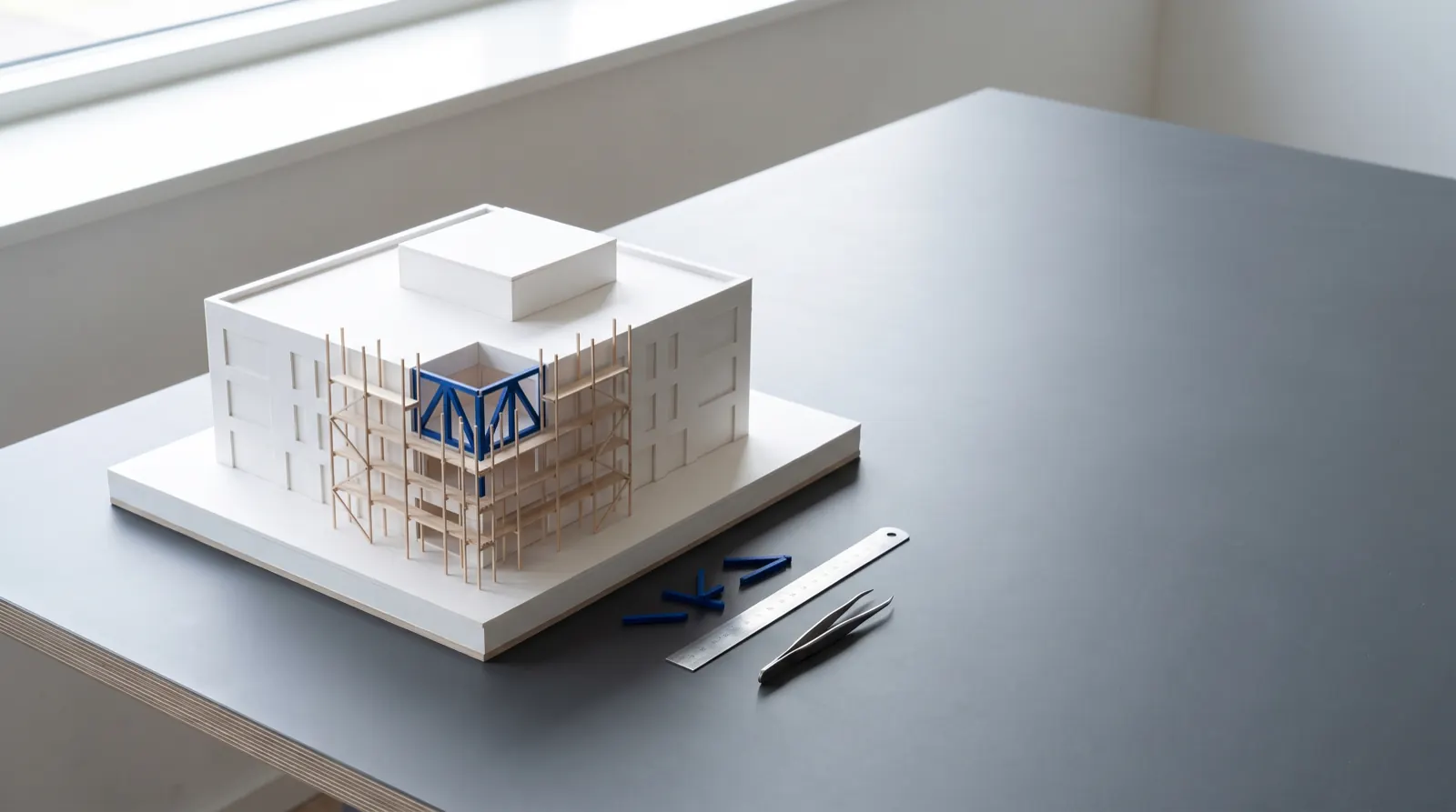A white architectural model of a building with fine scaffolding around one corner, where blue structural pieces are being fitted