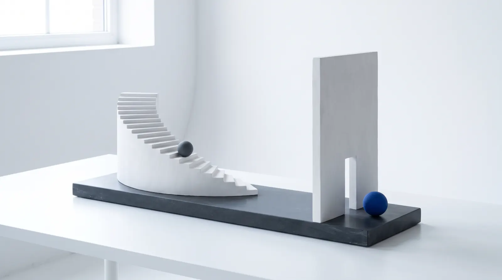 On one long graphite plinth, a curving white staircase with a grey sphere partway up stands beside a tall white wall cut with a single narrow doorway, a cobalt sphere at its foot