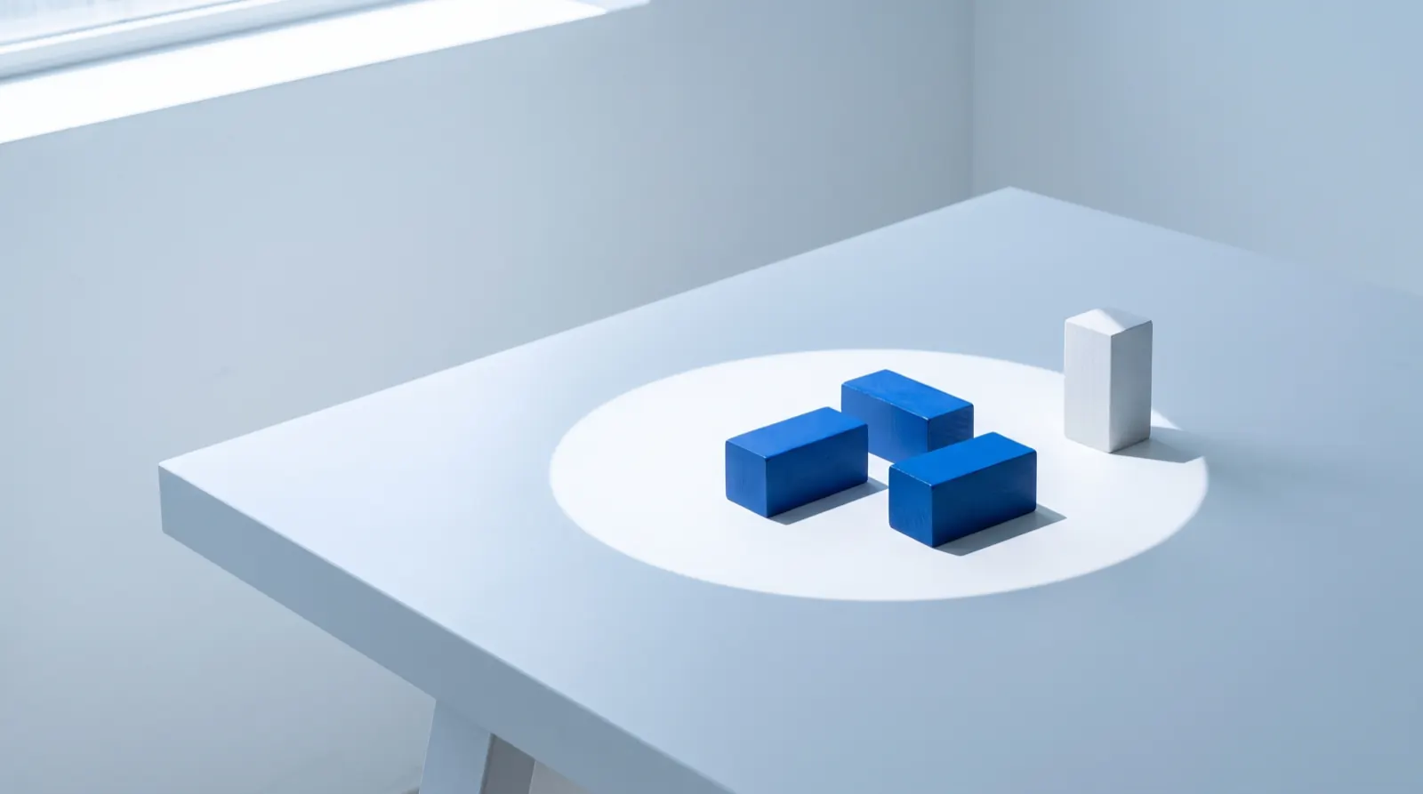 Three blue blocks stand together inside a circle of light on a white table while a fourth, white block stands at the edge of the light